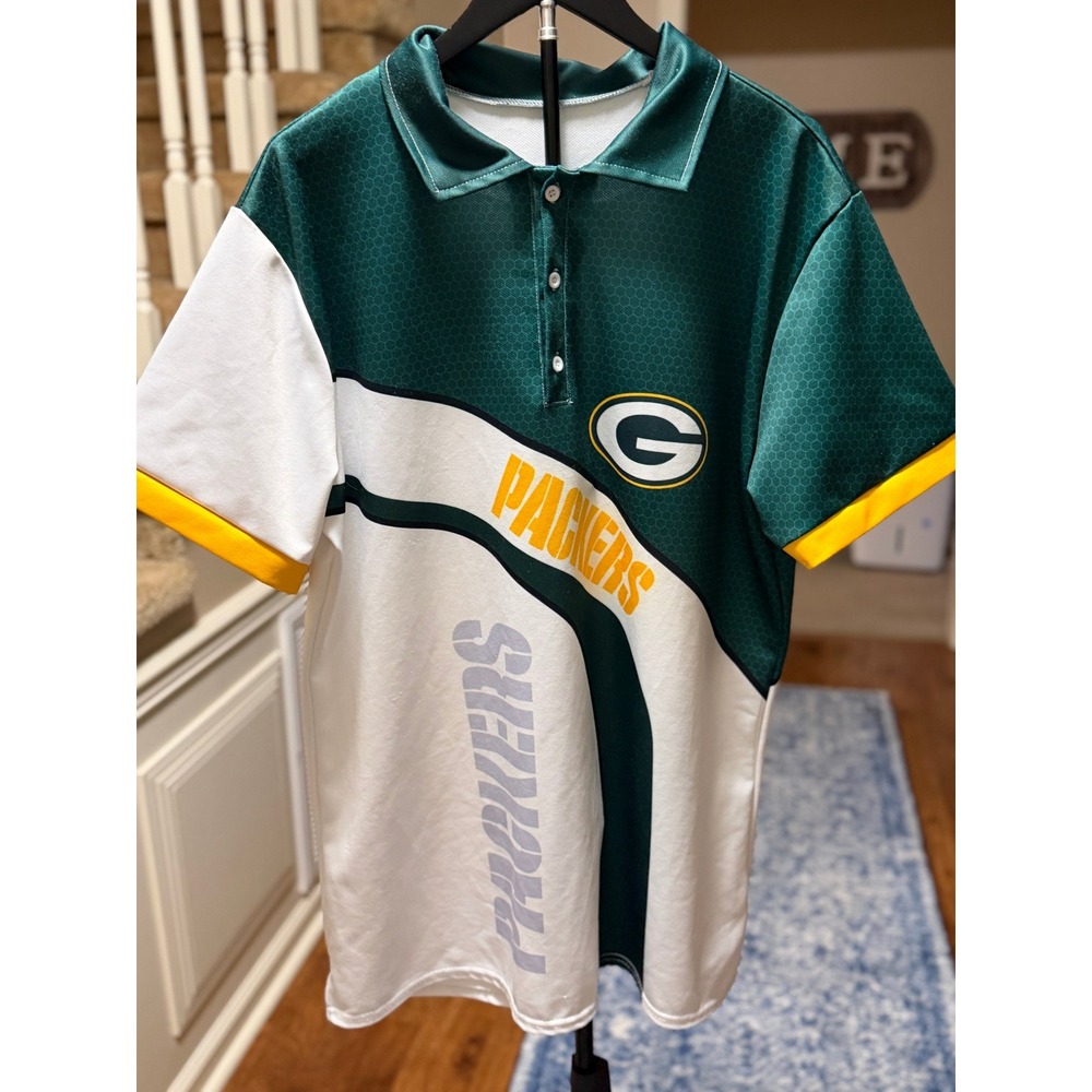 Green Bay Packers Mens Polo Shirt Green White Yellow Honeycomb Texture L